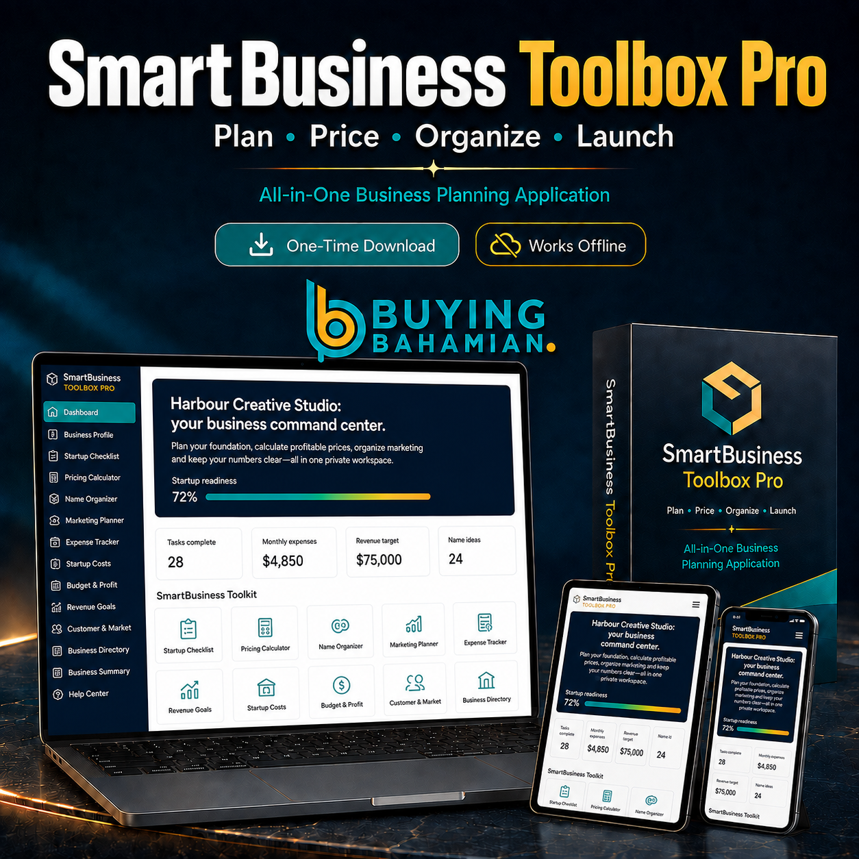 SmartBusiness Toolbox Pro application shown on laptop, tablet and mobile